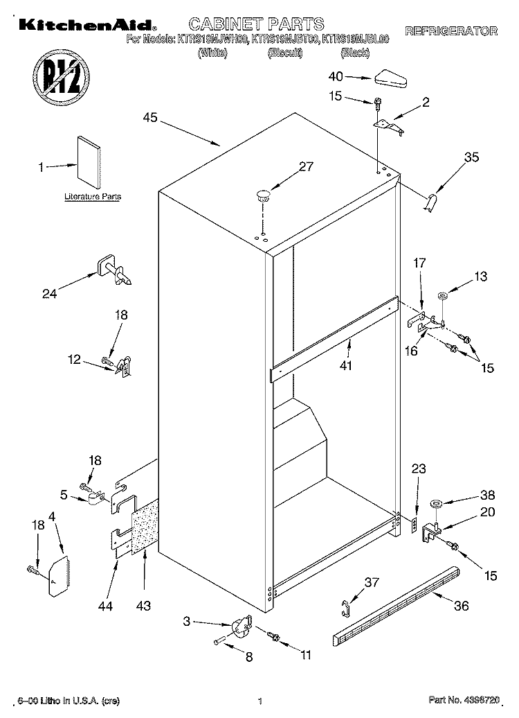 CABINET, LITERATURE Diagram and Parts List for KTRS19MJWH00  KitchenAid Refrigerator