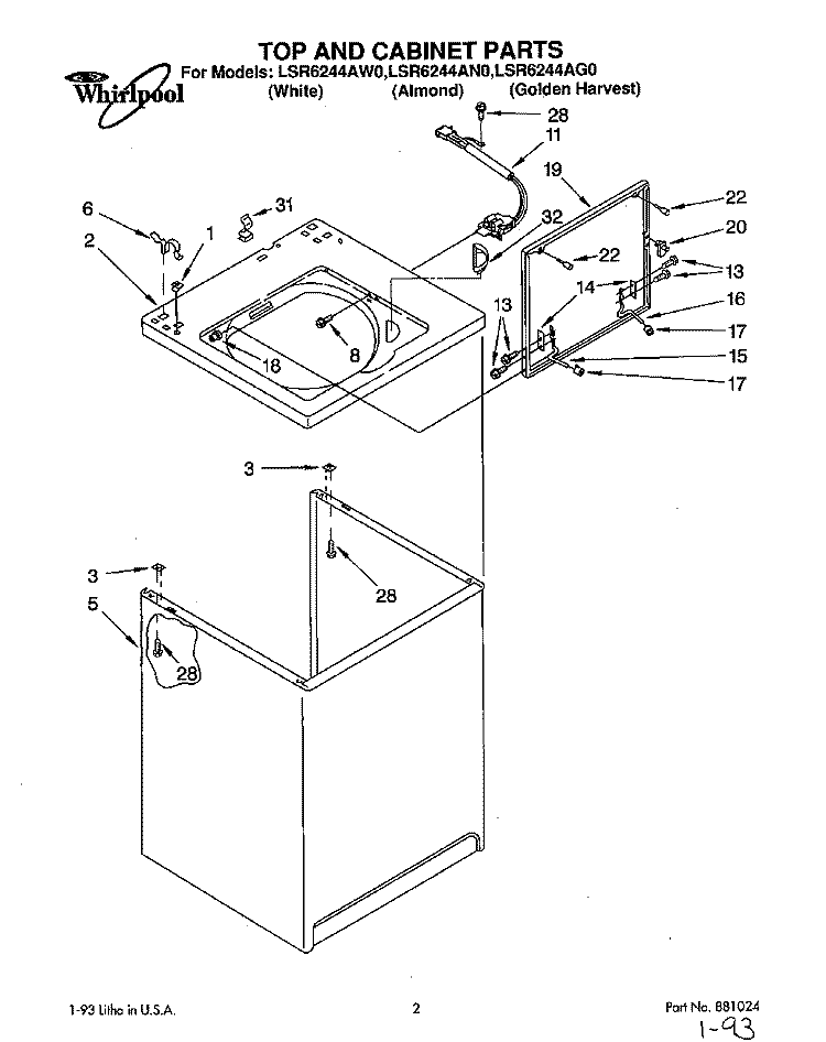 TOP AND CABINET, LIT/OPTIONAL Diagram and Parts List for LSR6244AN0  Whirlpool Washer