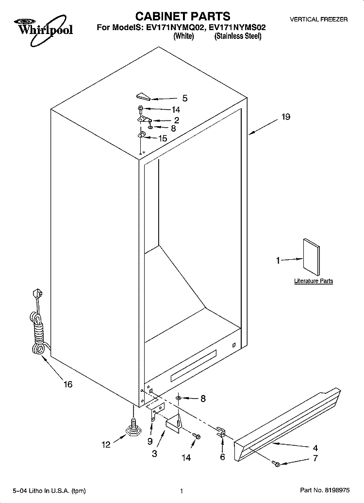 CABINET PARTS Diagram and Parts List for EV171NYMS02  Whirlpool Freezer