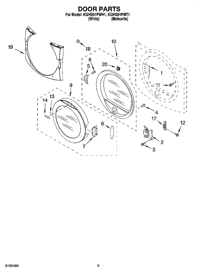 DOOR PARTS Diagram and Parts List for KGHS01PWH1  KitchenAid Dryer