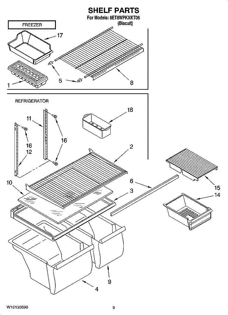 SHELF PARTS, OPTIONAL PARTS Diagram and Parts List for 8ET8WPKXKT06  Whirlpool Refrigerator