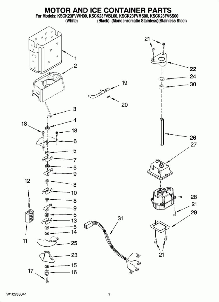 MOTOR AND ICE CONTAINER PARTS Diagram and Parts List for KSCK23FVSS00  KitchenAid Refrigerator