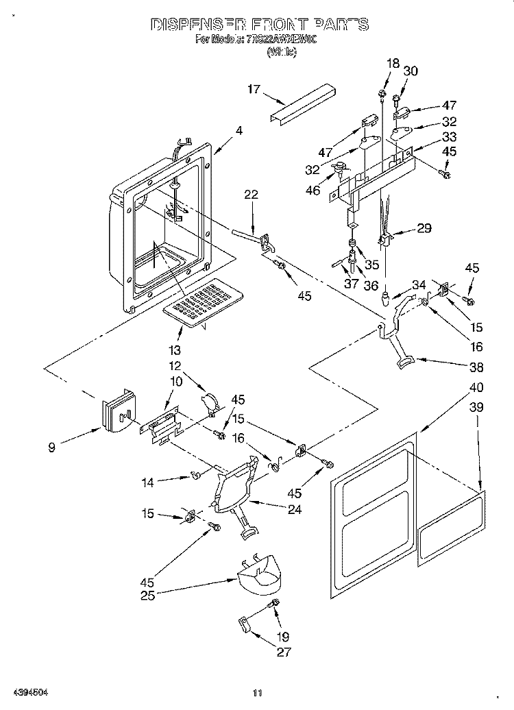 DISPENSER FRONT Diagram and Parts List for 7RS22AWXEW00  Whirlpool Refrigerator