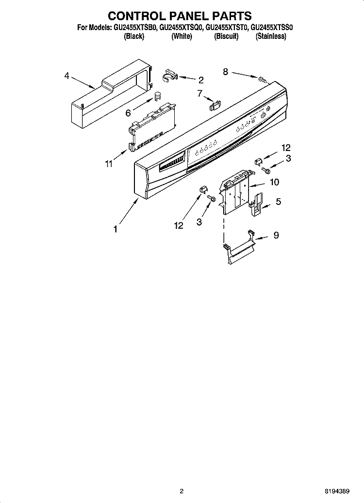 CONTROL PANEL PARTS Diagram and Parts List for GU2455XTSB0  Whirlpool Dishwasher