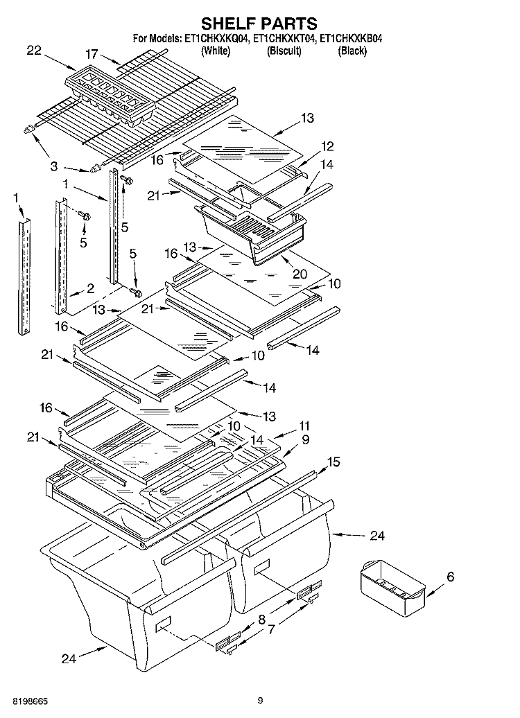 SHELF PARTS, OPTIONAL PARTS Diagram and Parts List for ET1CHKXKQ04  Whirlpool Refrigerator