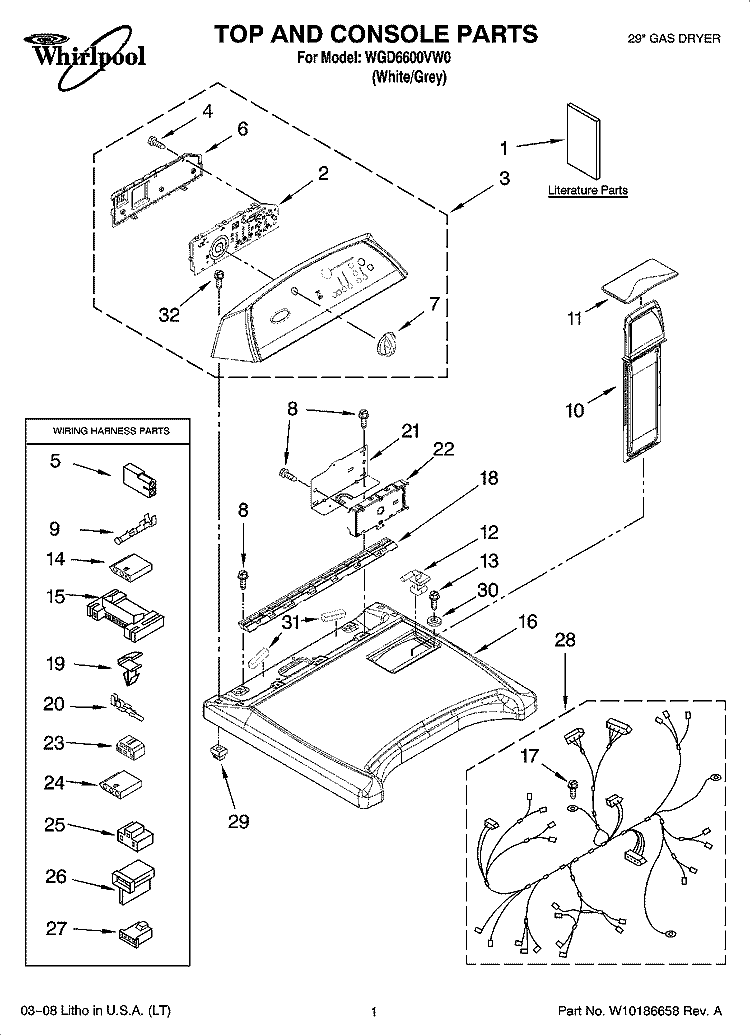 TOP AND CONSOLE PARTS Diagram and Parts List for WGD6600VW0  Whirlpool Dryer