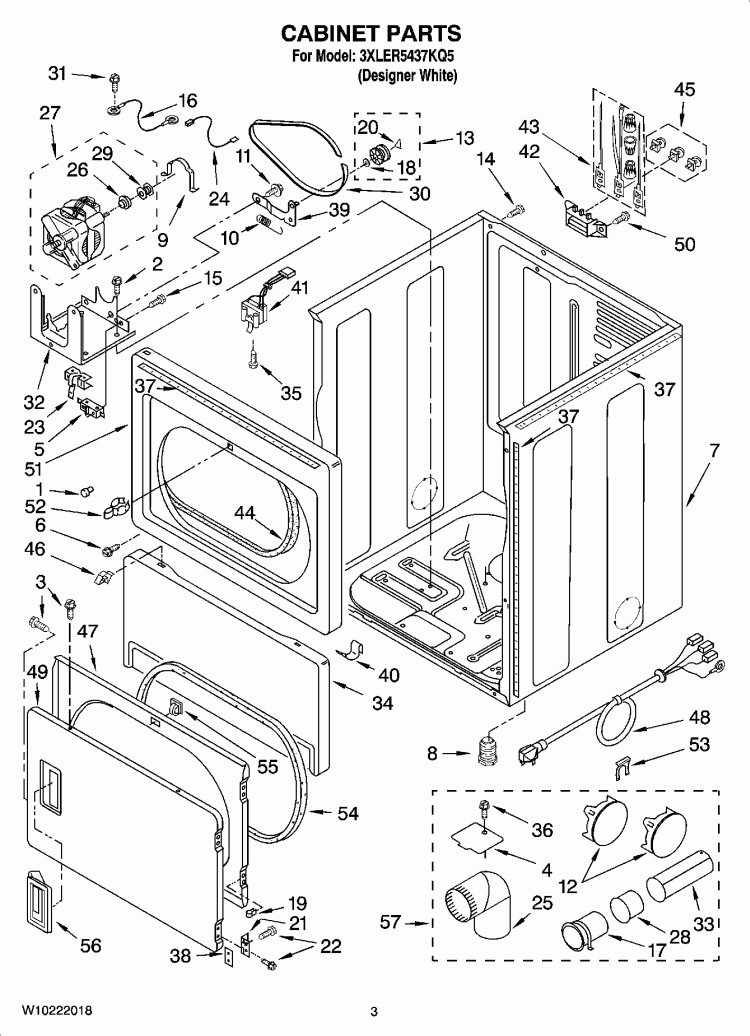 CABINET PARTS Diagram and Parts List for 3XLER5437KQ5  Whirlpool Dryer