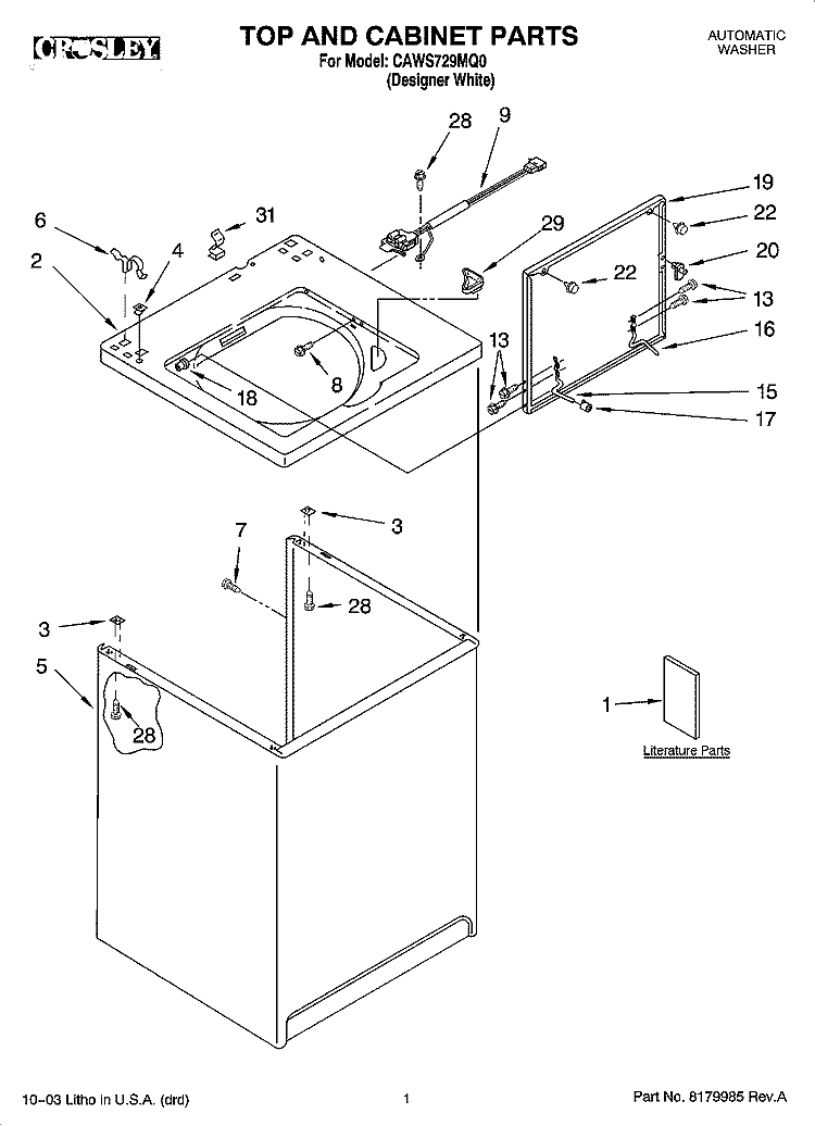 TOP AND CABINET PARTS Diagram and Parts List for CAWS729MQ0  Crosley Washer