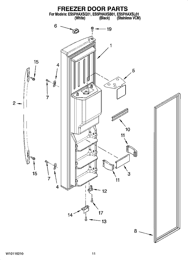 FREEZER DOOR PARTS Diagram and Parts List for ES5PHAXSB01  Whirlpool Refrigerator