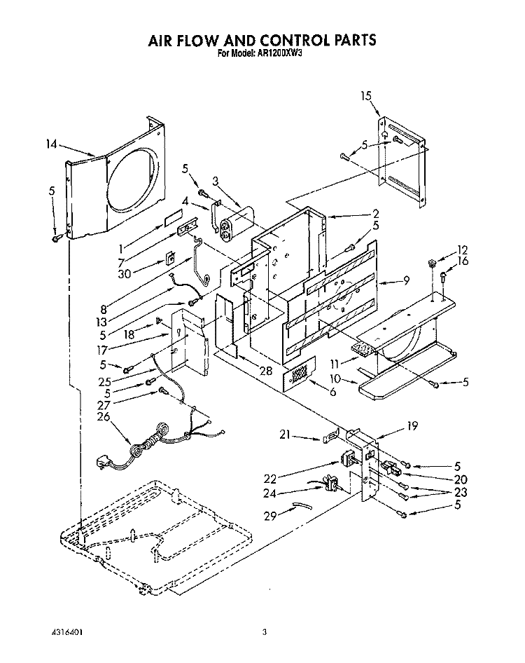 AIRFLOW AND CONTROL Diagram and Parts List for AR1200XW3  Whirlpool Air Conditioner