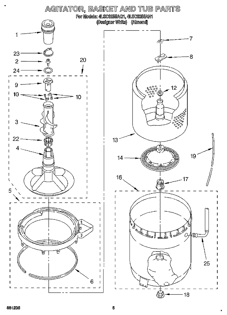 AGITATOR, BASKET AND TUB Diagram and Parts List for 4LSC9255AQ1  Whirlpool Washer