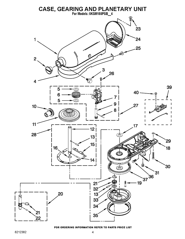 CASE, GEARING AND PLANETARY UNIT Diagram and Parts List for 5KSM1500SBMS4  KitchenAid Mixer