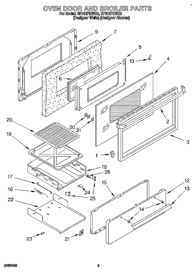 OVEN DOOR AND BROILER Diagram and Parts List for SF312PEWZ0  Whirlpool Range