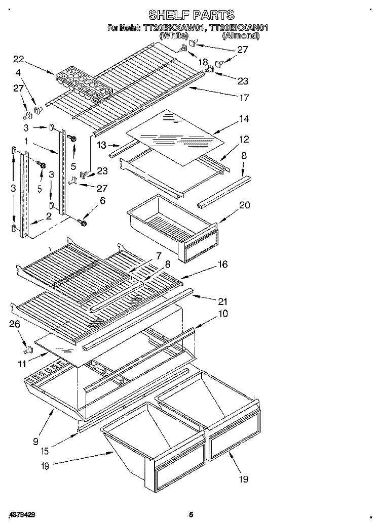 SHELF Diagram and Parts List for TT20BKXAW01  Whirlpool Refrigerator