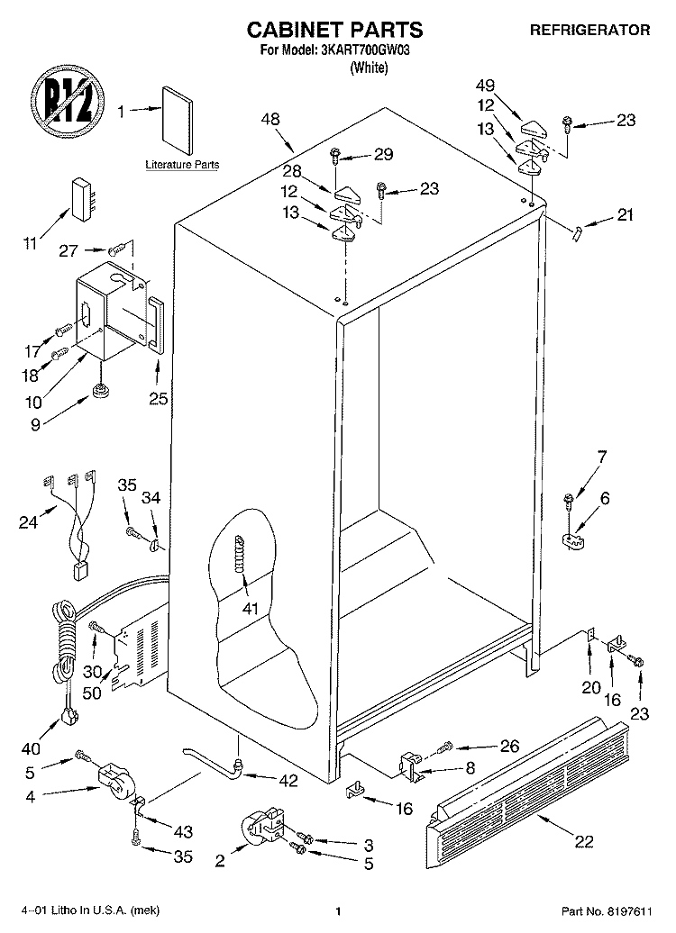 CABINET, LITERATURE Diagram and Parts List for 3KART700GW03  Whirlpool Refrigerator