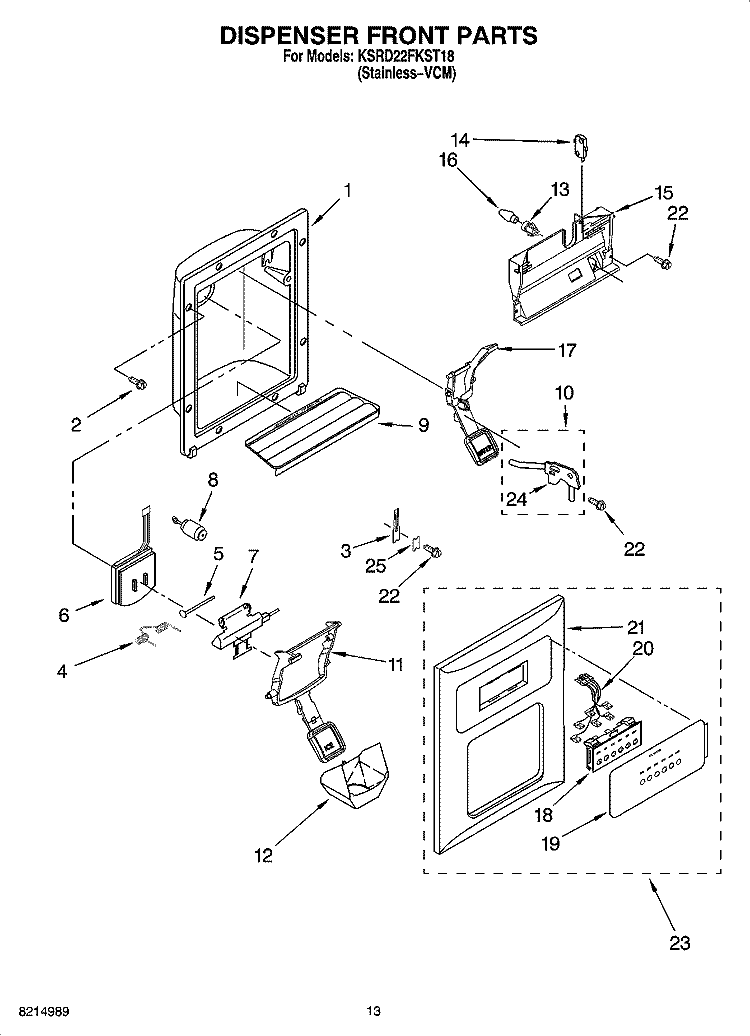 DISPENSER FRONT PARTS Diagram and Parts List for KSRD22FKST18  KitchenAid Refrigerator