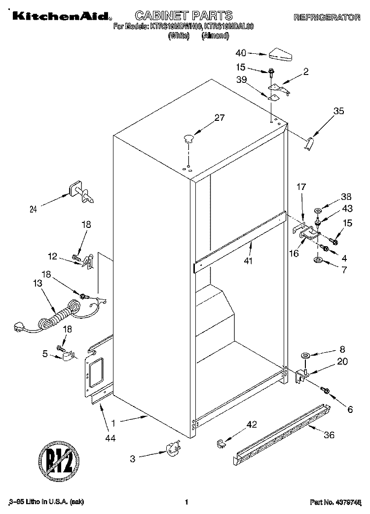 CABINET Diagram and Parts List for KTRS19MDAL00  KitchenAid Refrigerator