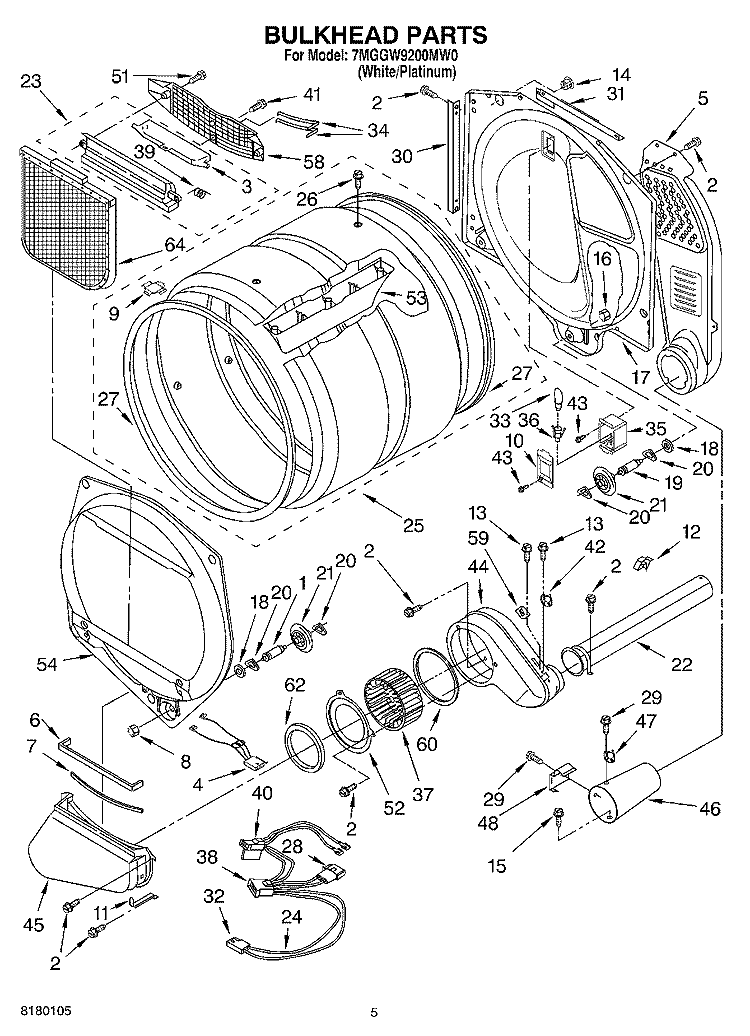 BULKHEAD PARTS Diagram and Parts List for 7MGGW9200MW0  Whirlpool Dryer
