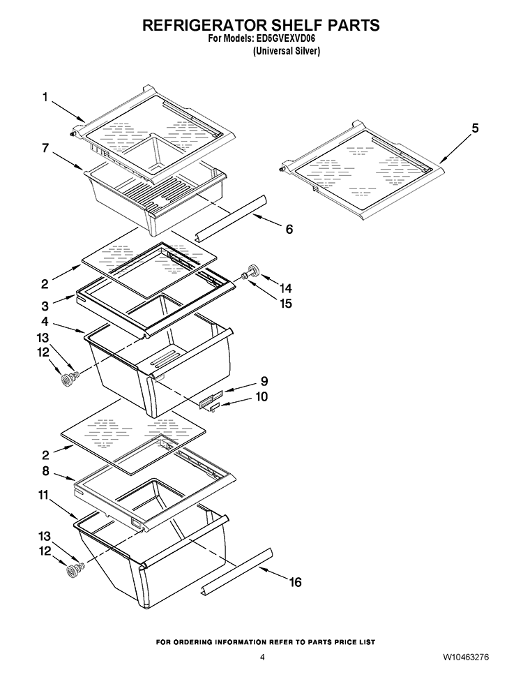 REFRIGERATOR SHELF PARTS Diagram and Parts List for ED5GVEXVD06  Whirlpool Refrigerator