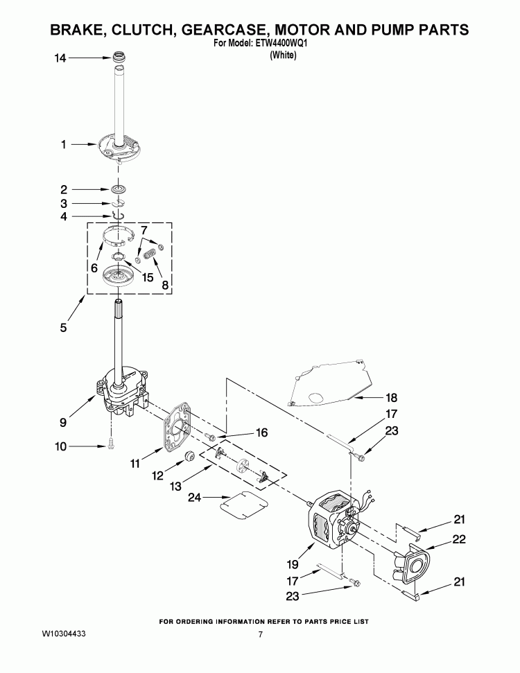 BRAKE, CLUTCH, GEARCASE, MOTOR AND PUMP PARTS Diagram and Parts List for ETW4400WQ1  Estate Washer