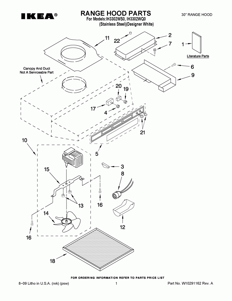 RANGE HOOD PARTS Diagram and Parts List for IH3302WS0  Whirlpool Range Hood