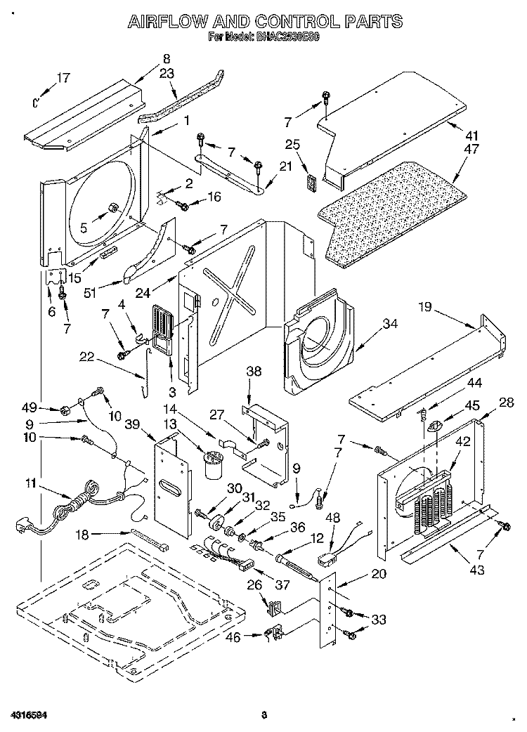 AIRFLOW AND CONTROL Diagram and Parts List for BHAC2530ES0  Whirlpool Air Conditioner