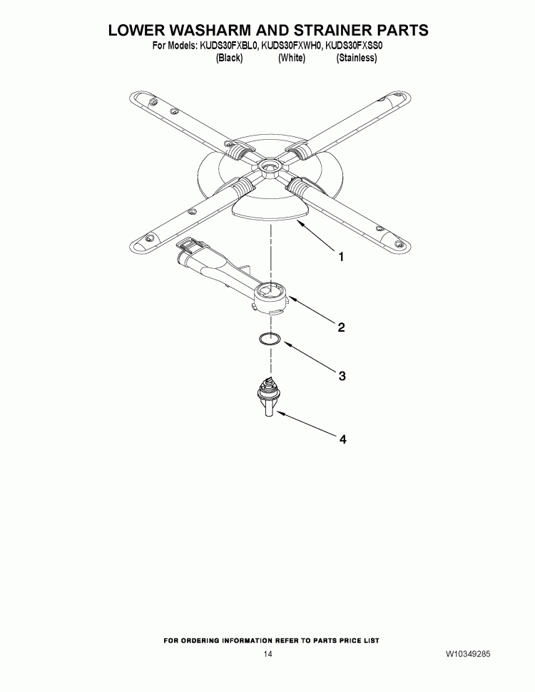 LOWER WASHARM AND STRAINER PARTS Diagram and Parts List for KUDS30FXBL0  KitchenAid Dishwasher