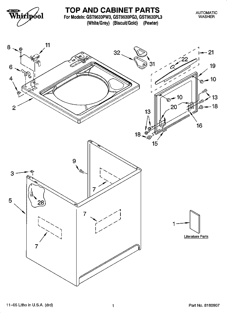 TOP AND CABINET PARTS Diagram and Parts List for GST9630PL3  Whirlpool Washer