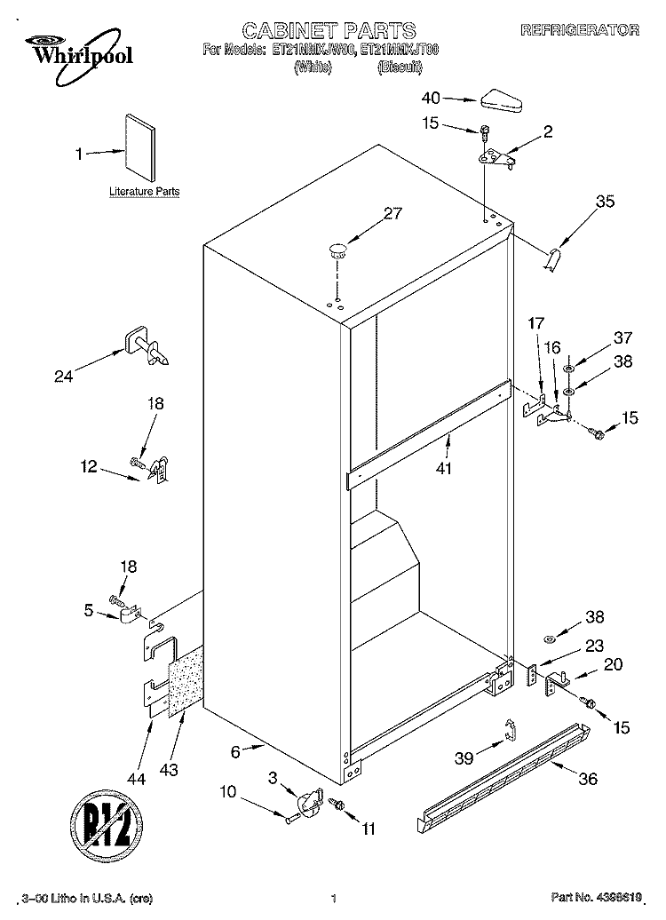 CABINET, LITERATURE Diagram and Parts List for ET21MMXJT00  Whirlpool Refrigerator