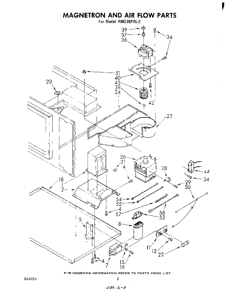 MAGNETRON AND AIRFLOW Diagram and Parts List for RM235PXL2  Whirlpool Microwave Oven Combo