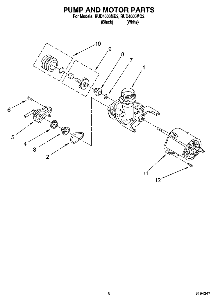 PUMP AND MOTOR PARTS Diagram and Parts List for RUD4000MQ2  Roper Dishwasher
