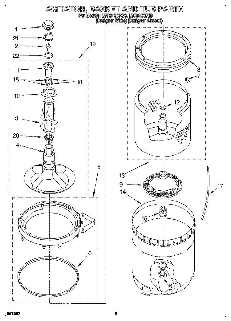 AGITATOR, BASKET AND TUB Diagram and Parts List for LBR6133DQ0  Whirlpool Washer