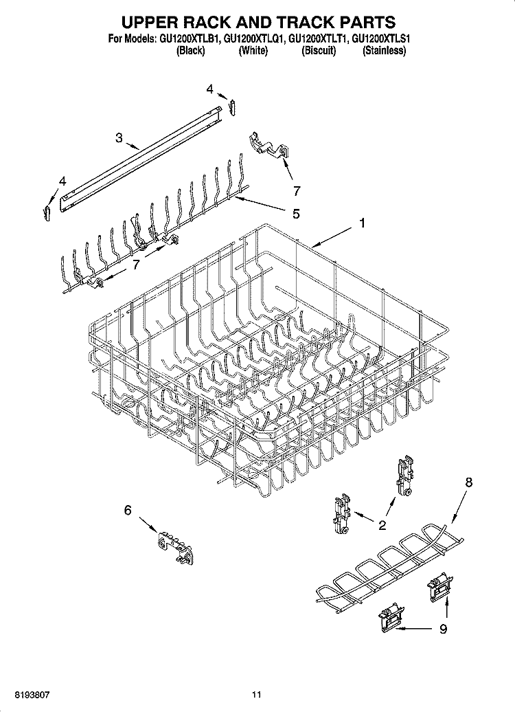 UPPER RACK AND TRACK PARTS Diagram and Parts List for GU1200XTLB1  Whirlpool Dishwasher