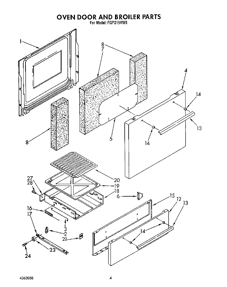 OVEN DOOR AND BROILER Diagram and Parts List for FGP215VL5  Whirlpool Range