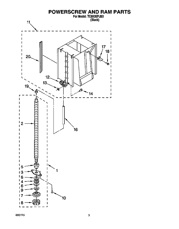 POWERSCREW AND RAM Diagram and Parts List for TC800SPJB0  Whirlpool Trash Compactor
