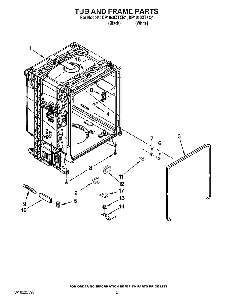 TUB AND FRAME PARTS Diagram and Parts List for DP1040XTXB1  Whirlpool Dishwasher