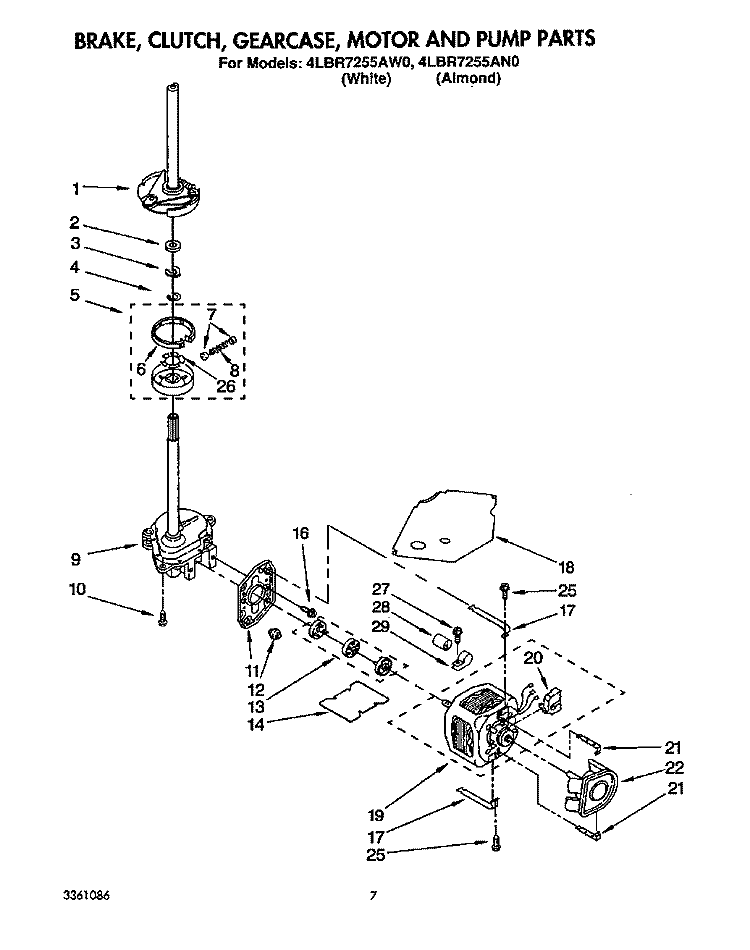 BRAKE, CLUTCH, GEARCASE, MOTOR & PUMP Diagram and Parts List for 4LBR7255AN0  Whirlpool Washer