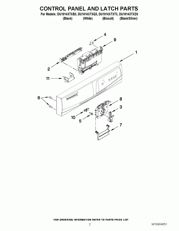 CONTROL PANEL AND LATCH PARTS Diagram and Parts List for DU1014XTXQ3  Whirlpool Dishwasher