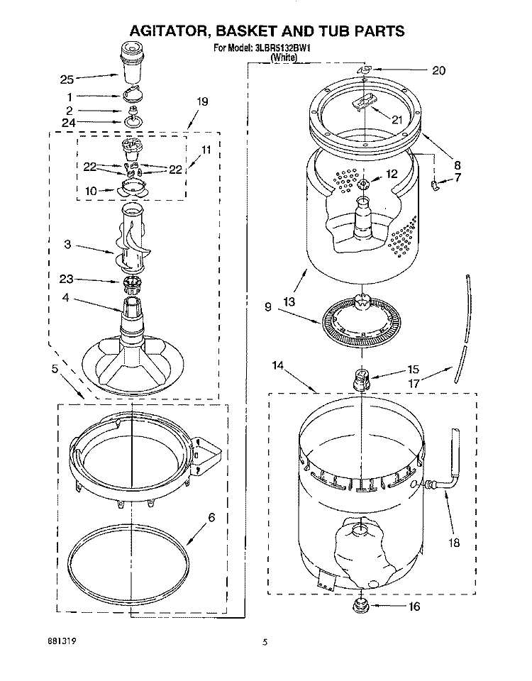 AGITATOR, BASKET AND TUB Diagram and Parts List for 3LBR5132BW1  Whirlpool Washer