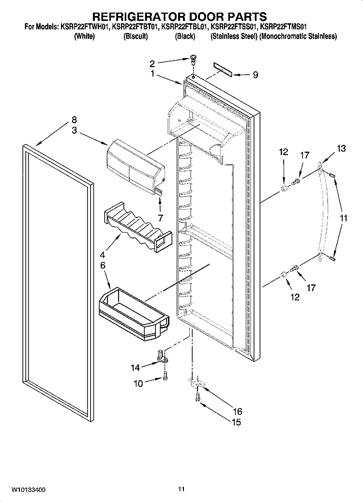 REFRIGERATOR DOOR PARTS Diagram and Parts List for KSRP22FTWH01  KitchenAid Refrigerator