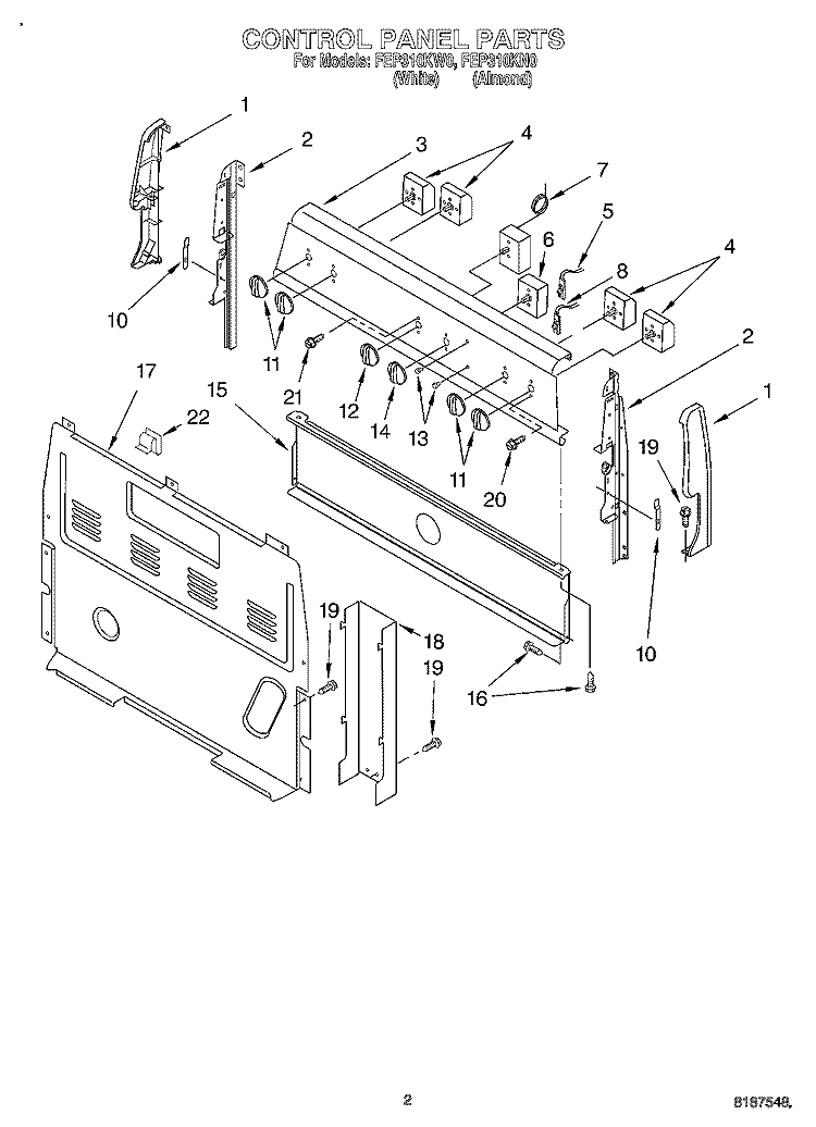 CONTROL PANEL Diagram and Parts List for FEP310KW0  Roper Range