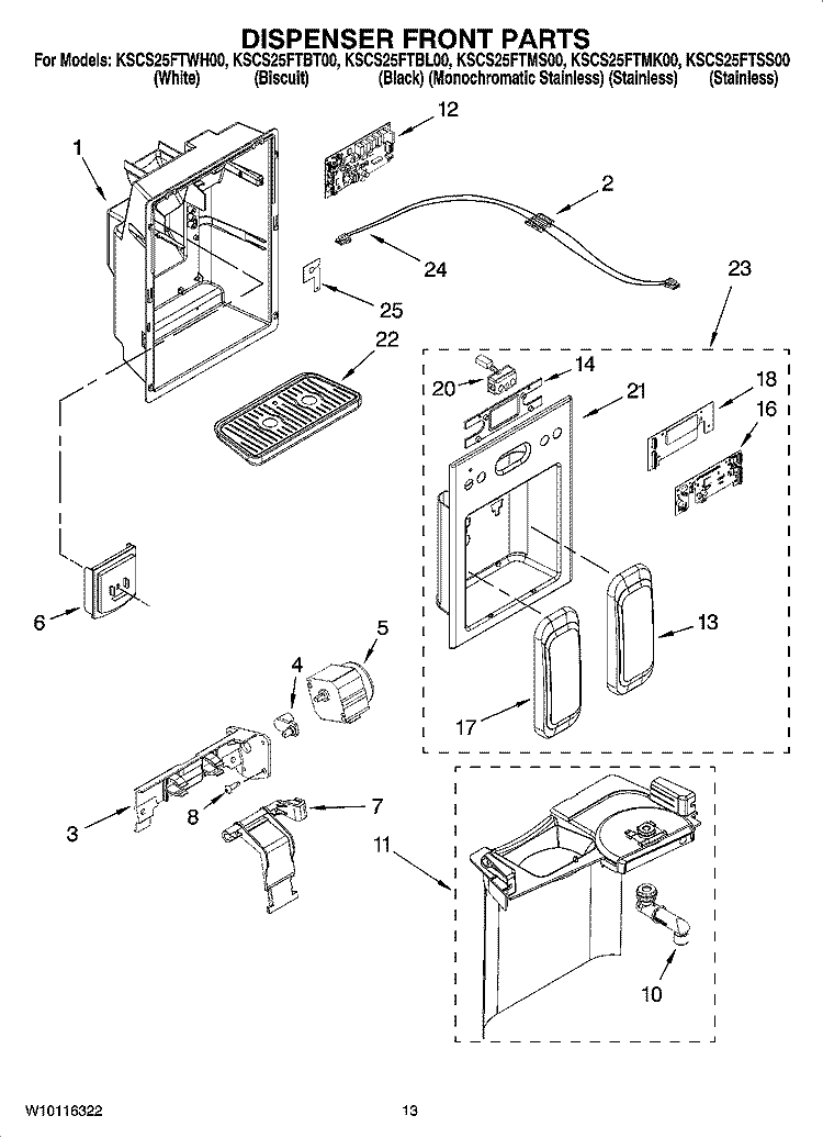 DISPENSER FRONT PARTS Diagram and Parts List for KSCS25FTSS00  KitchenAid Refrigerator