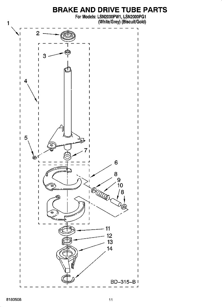 BRAKE AND DRIVE TUBE PARTS Diagram and Parts List for LSN2000PG1  Whirlpool Washer