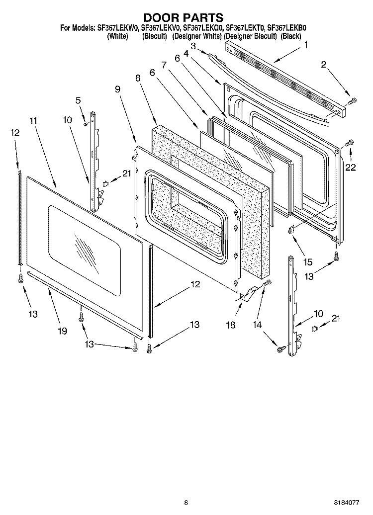 DOOR Diagram and Parts List for SF367LEKW0  Whirlpool Range