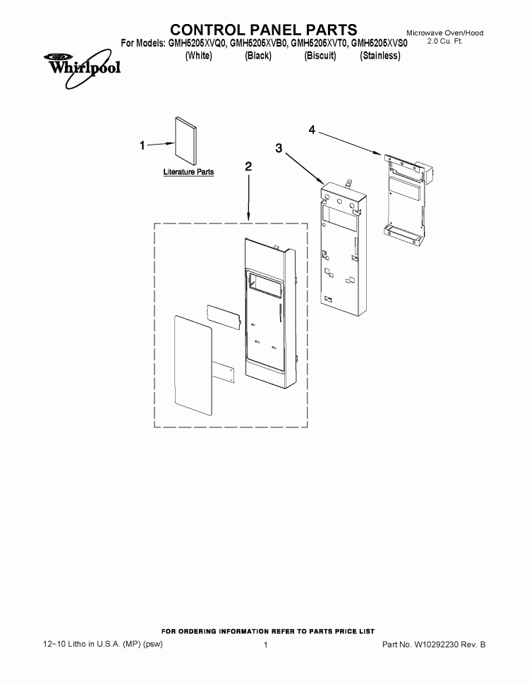 CONTROL PANEL PARTS Diagram and Parts List for GMH5205XVQ0  Whirlpool Microwave