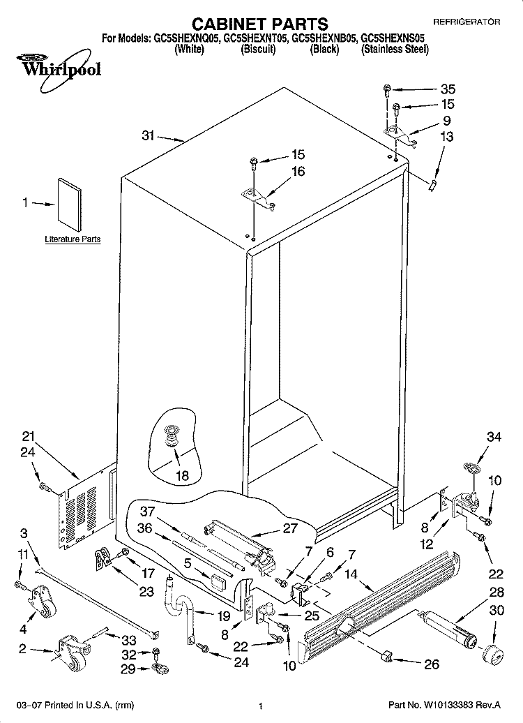 CABINET PARTS Diagram and Parts List for GC5SHEXNQ05  Whirlpool Refrigerator