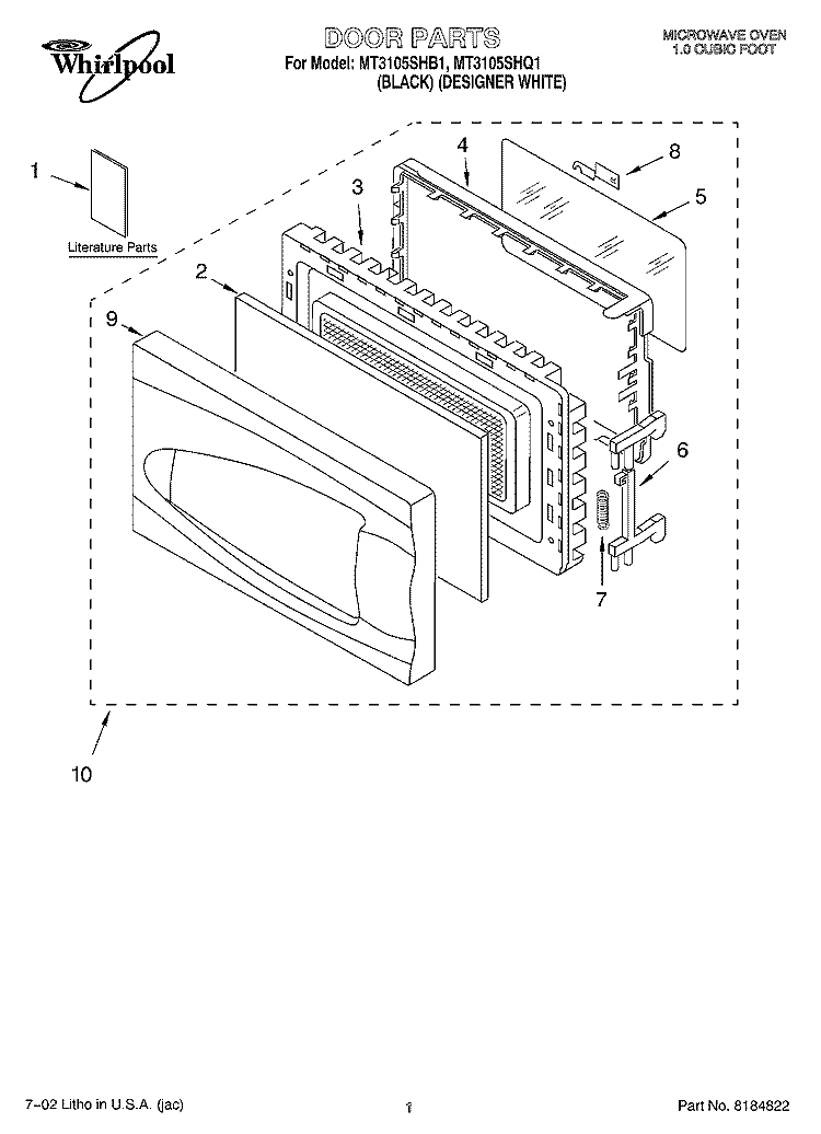 DOOR, LITERATURE Diagram and Parts List for MT3105SHQ1  Whirlpool Microwave