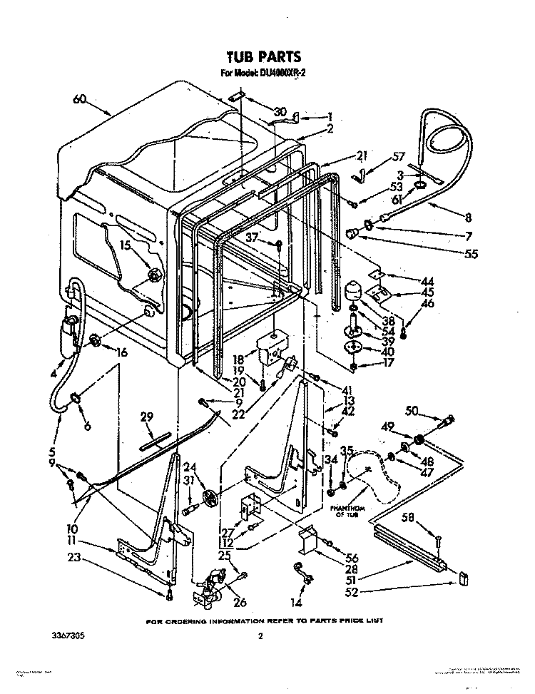 TUB, LIT/OPTIONAL Diagram and Parts List for DU4000XR2  Whirlpool Dishwasher
