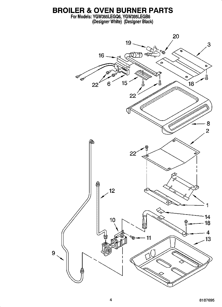 BROILER & OVEN BURNER PARTS Diagram and Parts List for YGW395LEGQ6  Whirlpool Range