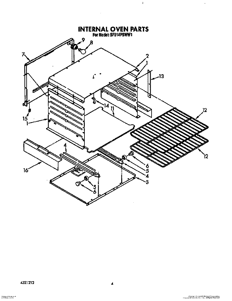 INTERNAL OVEN Diagram and Parts List for SF314PSWW1  Whirlpool Range
